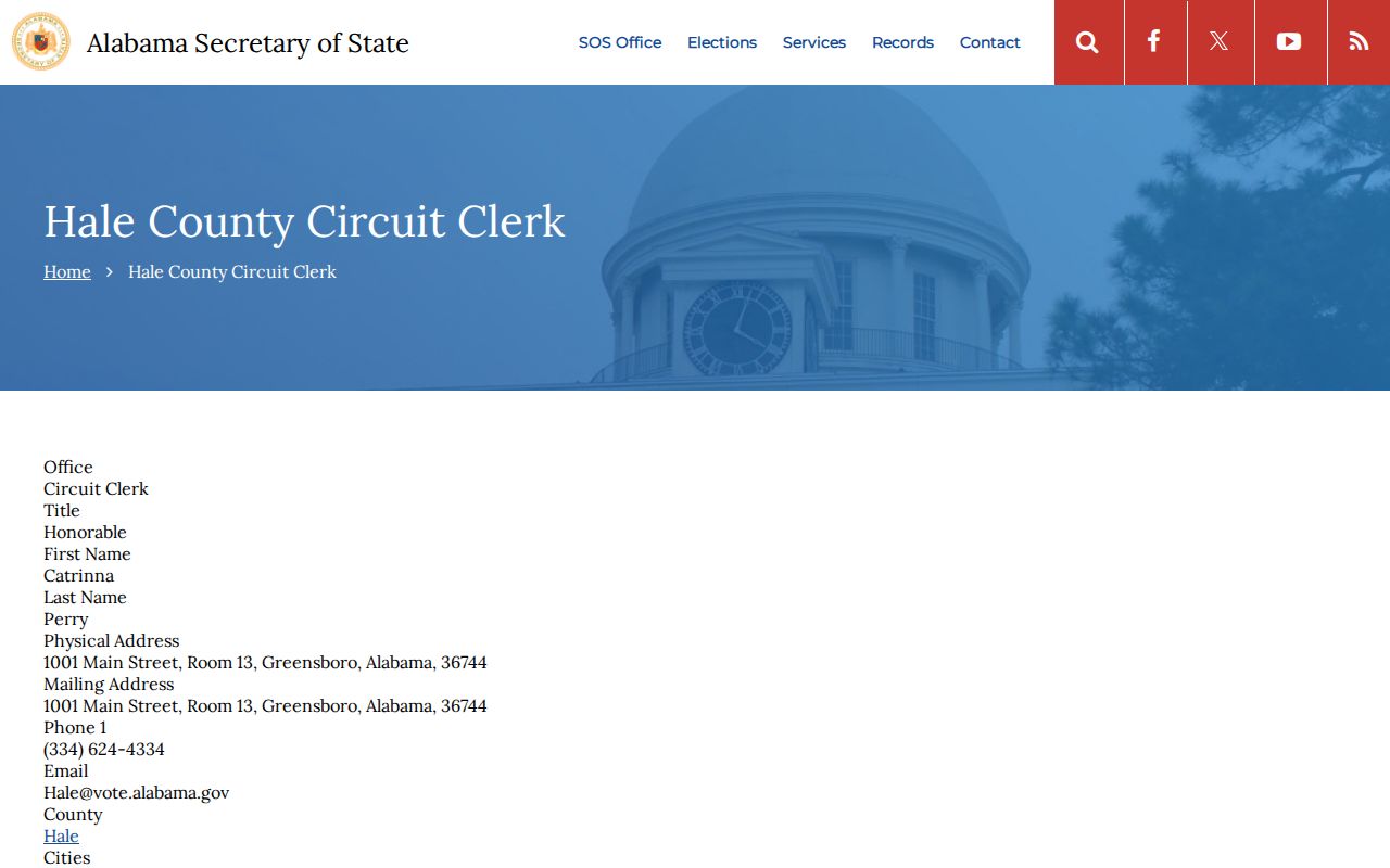 Alabama Secretary of State page listing Hale County public offices