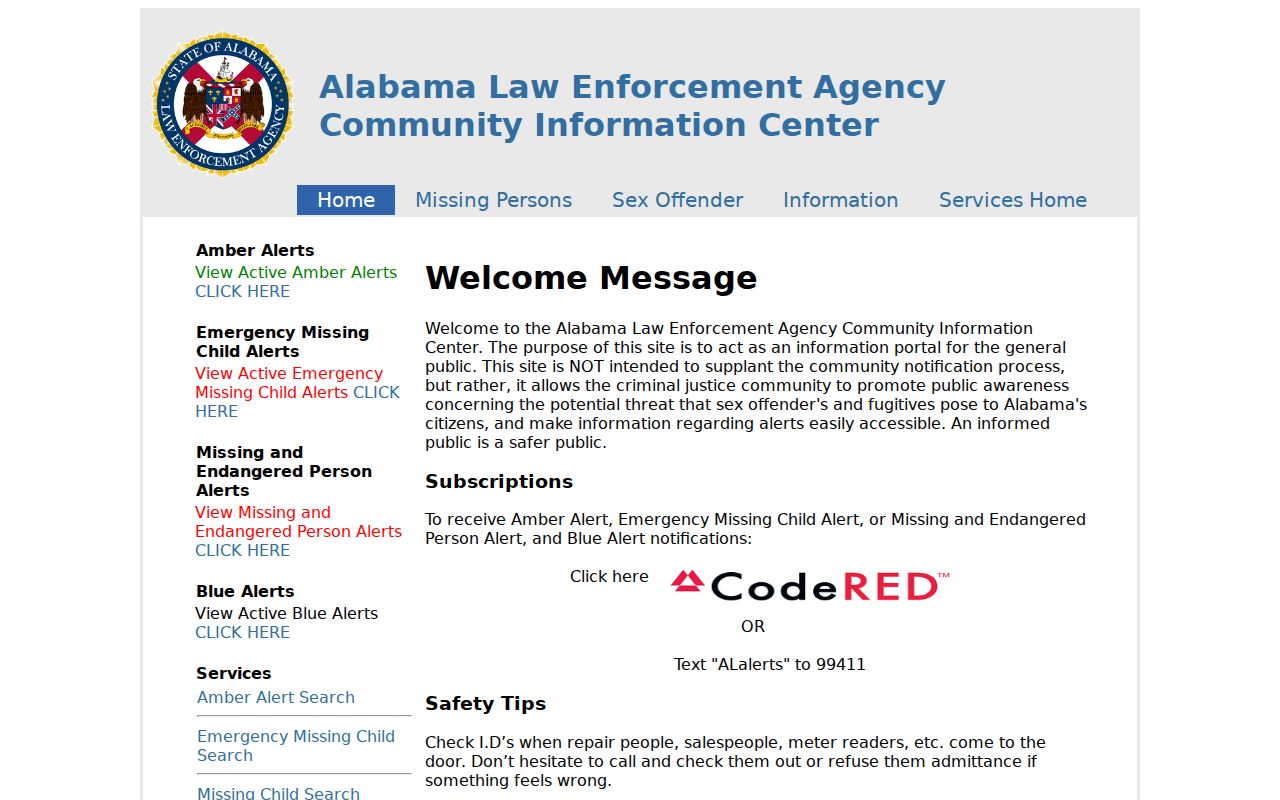 Alabama Law Enforcement Agency Community Information Center public search interface